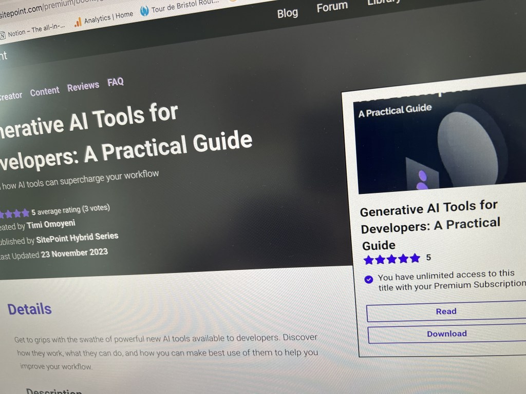 Screenshot of a product page from the sitepoint.com website, showing the course Generative AI Tools for Developers