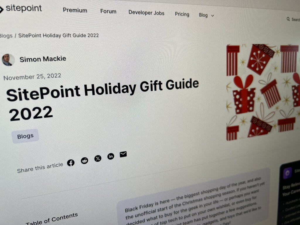 Sscreenshot of the SitePoint website, showing an article written by me. the article title is "SitePoint Holiday Gift Guide 2022"