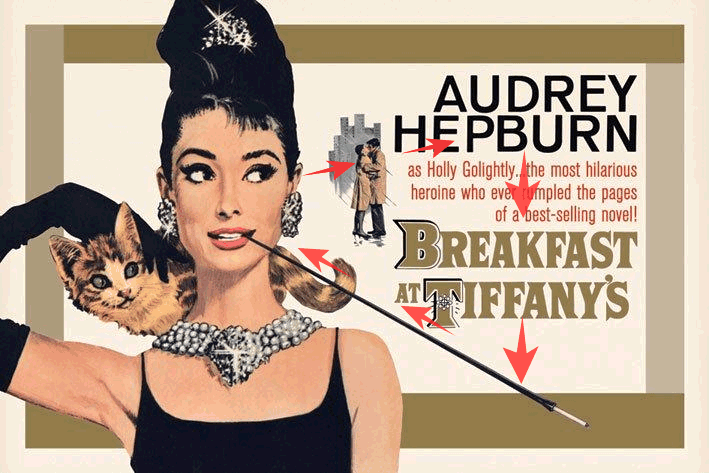Image of the poster for Breakfast at Tiffany's. The image is an animated gif, showing how our eyes follow design elements in the poster: Audrey Hepburn's eyes are glancing to the film title, and then along Audrey's cigarette holder back to her face.