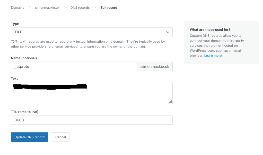 The filled out DNS  "edit record" screen