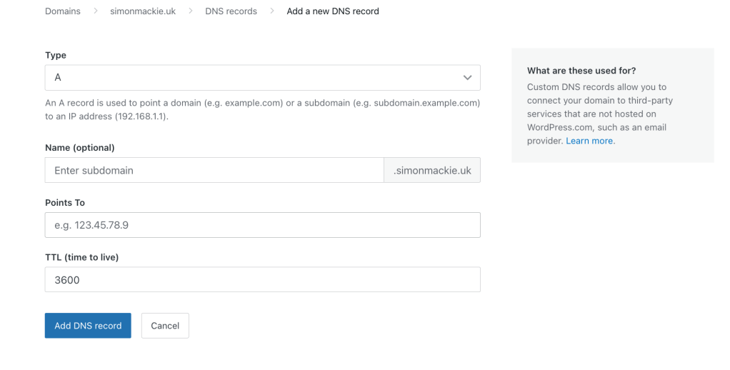 WordpPress.com's "Add a DNS record" screen.
